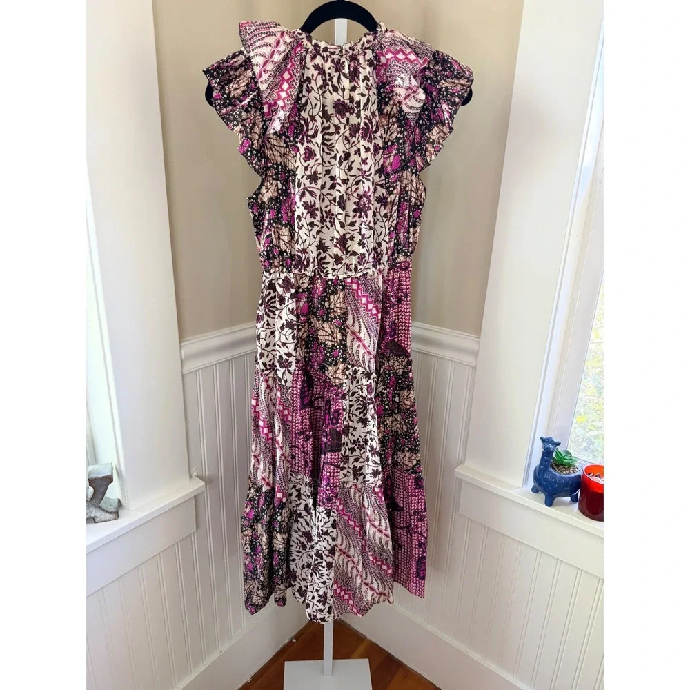 Ulla Johnson Asis Midi Dress Cotton Silk Batik Floral Tiered Purple Fuchsia 0